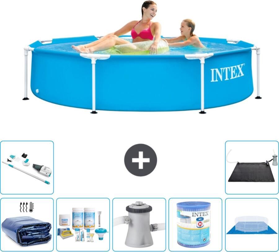 Intex Metal Frame Intex Rond Frame Zwembad 244 x 51 cm Blauw Inclusief Solarzeil Onderhoudspakket Zwembadfilterpomp Filter Grondzeil Stofzuiger Solar Mat