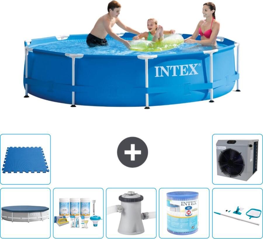 Intex Metal Frame Intex Rond Frame Zwembad 305 x 76 cm Blauw Inclusief Afdekzeil Onderhoudspakket Zwembadfilterpomp Filter Schoonmaakset Vloertegels Warmtepomp