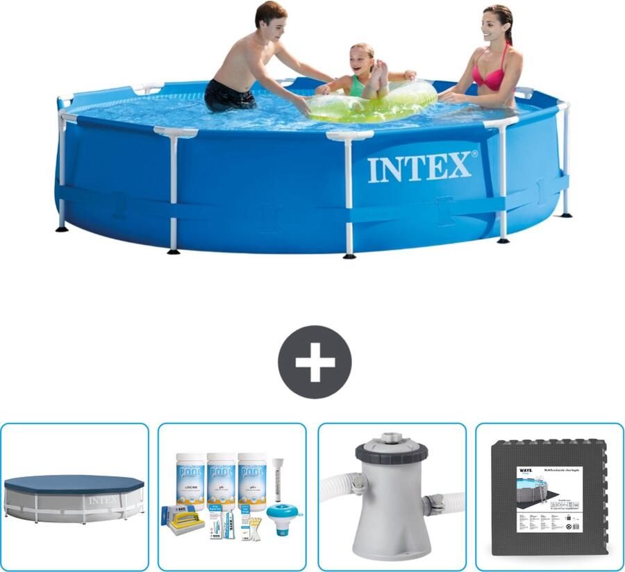 Intex Metal Frame Intex Rond Frame Zwembad 305 x 76 cm Blauw Inclusief Afdekzeil Onderhoudspakket Zwembadfilterpomp Vloertegels