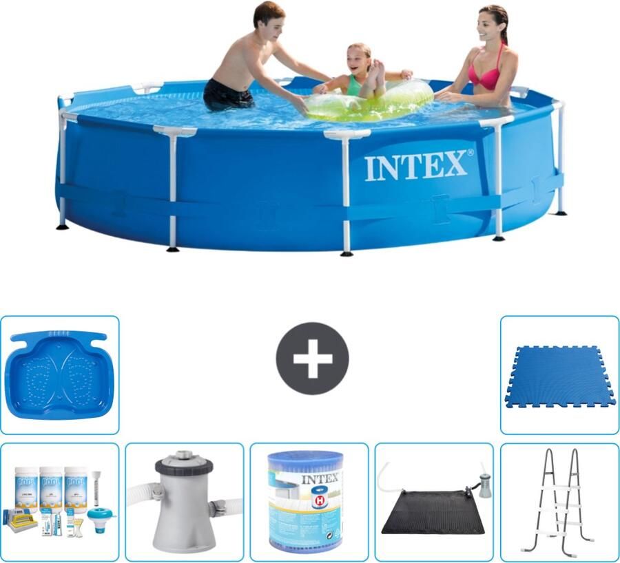 Intex Metal Frame Intex Rond Frame Zwembad 305 x 76 cm Blauw Inclusief Onderhoudspakket Zwembadfilterpomp Filter Solar Mat Ladder Voetenbad Vloertegels
