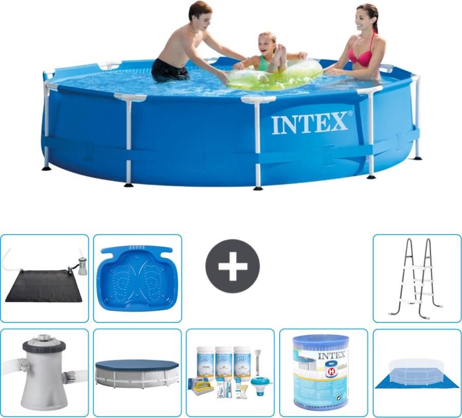 Intex Metal Frame Intex Rond Frame Zwembad 305 x 76 cm Blauw Inclusief Pomp Afdekzeil Onderhoudspakket Filter Grondzeil Solar Mat Ladder Voetenbad