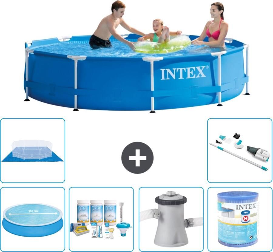 Intex Metal Frame Intex Rond Frame Zwembad 305 x 76 cm Blauw Inclusief Solarzeil Onderhoudspakket Zwembadfilterpomp Filter Grondzeil Stofzuiger