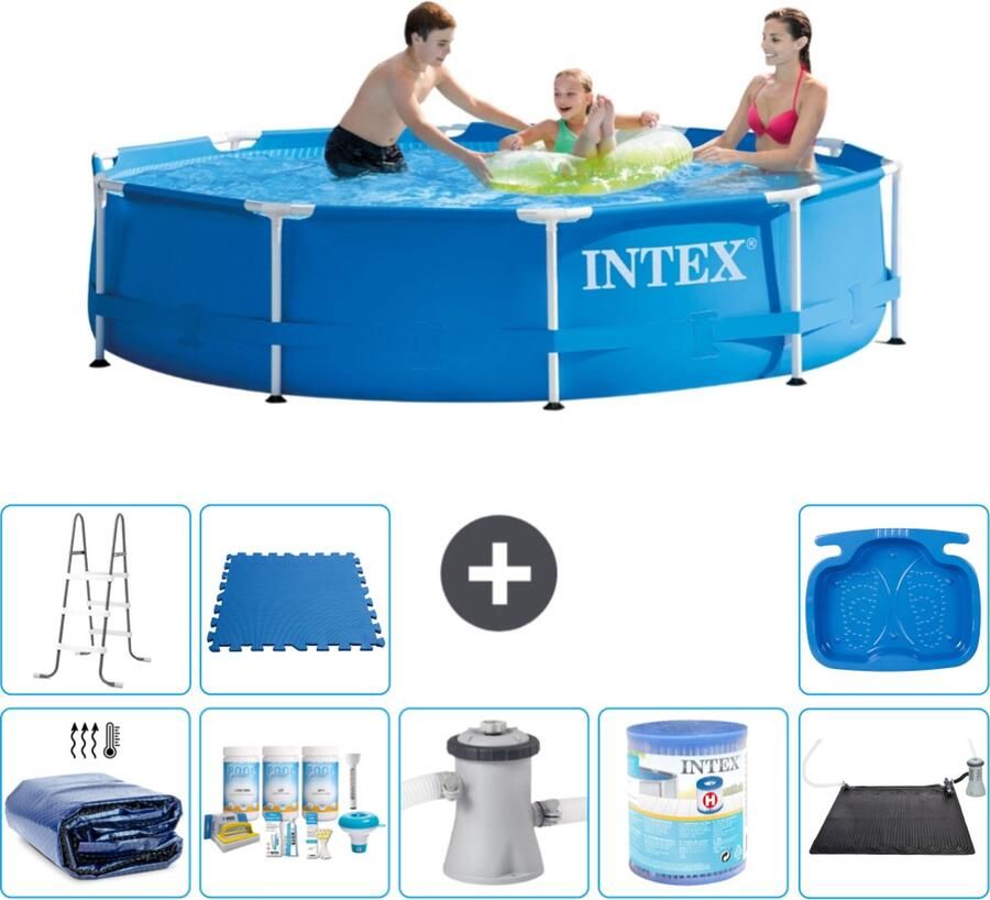 Intex Metal Frame Intex Rond Frame Zwembad 305 x 76 cm Blauw Inclusief Solarzeil Onderhoudspakket Zwembadfilterpomp Filter Solar Mat Ladder Voetenbad Vloertegels