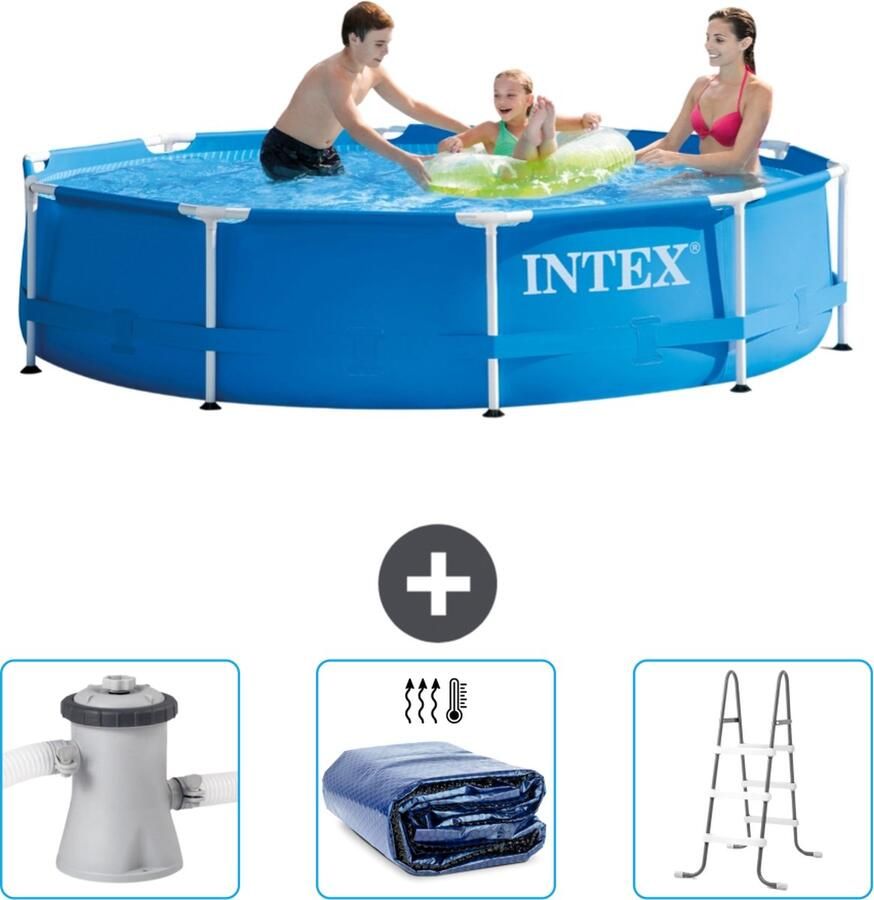 Intex Metal Frame Intex Rond Frame Zwembad 305 x 76 cm Blauw Inclusief Zwembadfilterpomp Solarzeil Ladder