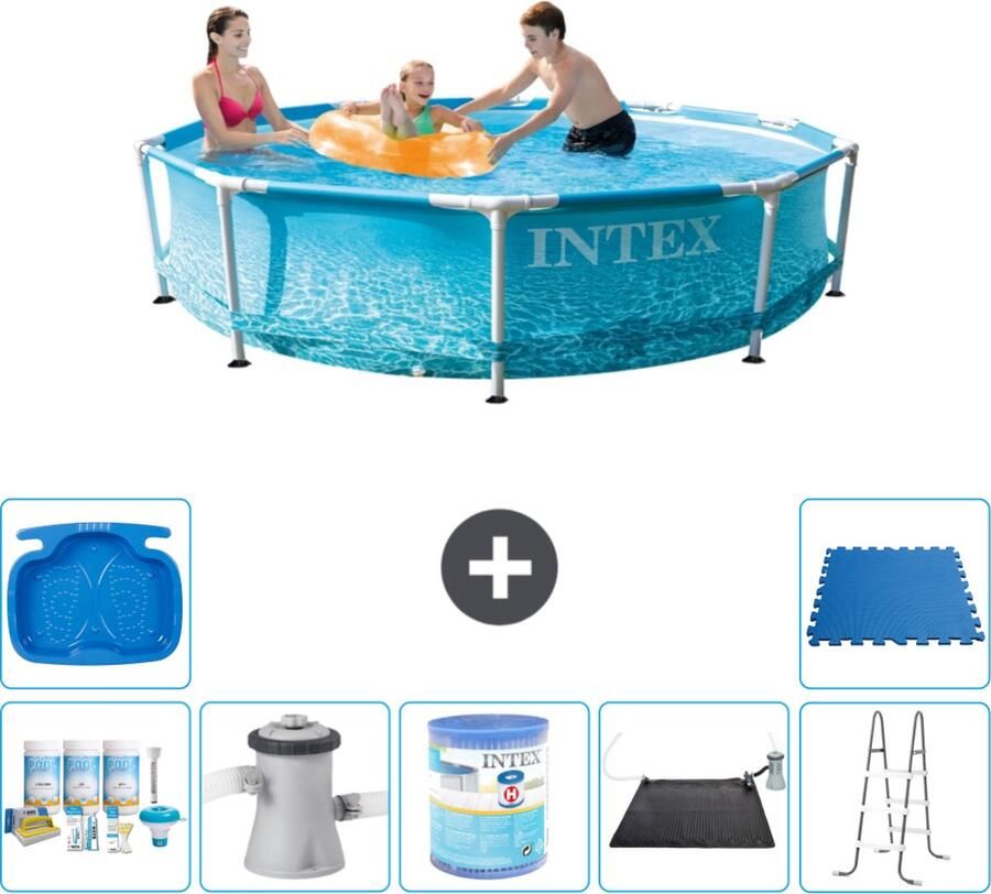 Intex Metal Frame Intex Rond Frame Zwembad 305 x 76 cm Waterprint Inclusief Onderhoudspakket Zwembadfilterpomp Filter Solar Mat Ladder Voetenbad Vloertegels