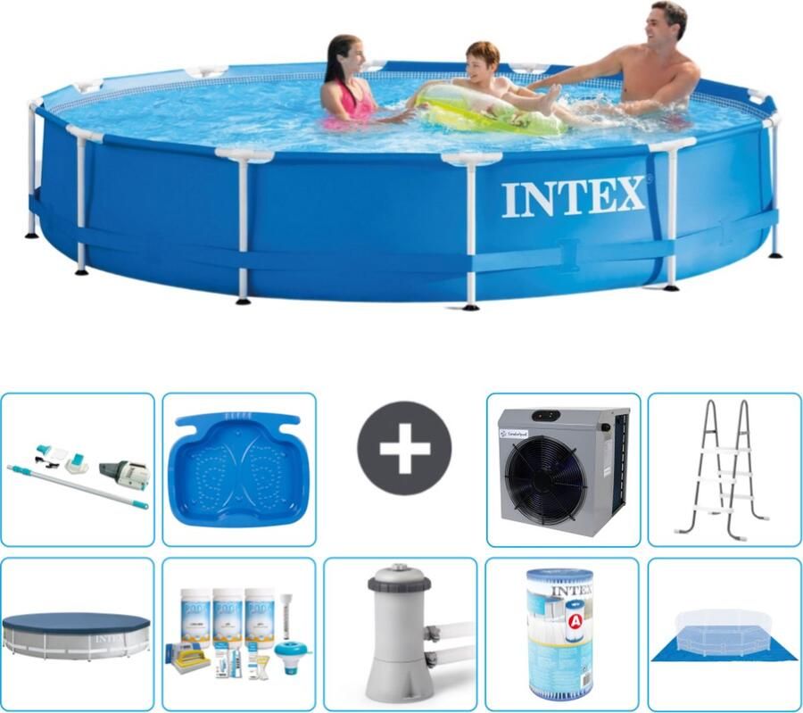 Intex Metal Frame Intex Rond Frame Zwembad 366 x 76 cm Blauw Inclusief Afdekzeil Onderhoudspakket Zwembadfilterpomp Filter Grondzeil Stofzuiger Ladder Voetenbad Warmtepomp