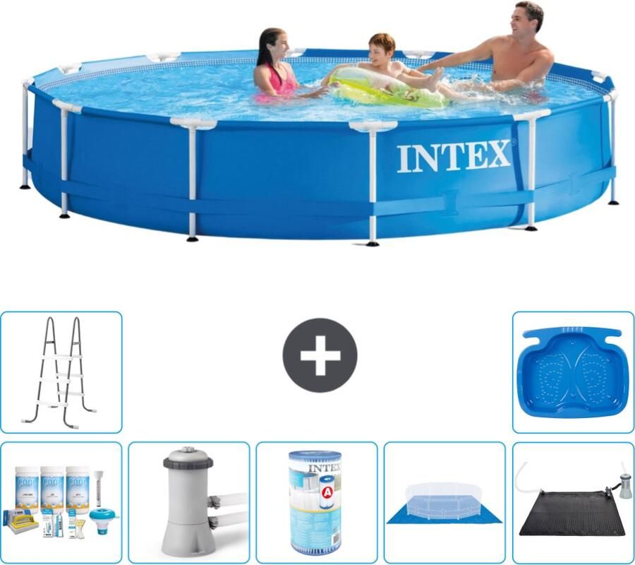 Intex Metal Frame Intex Rond Frame Zwembad 366 x 76 cm Blauw Inclusief Onderhoudspakket Zwembadfilterpomp Filter Grondzeil Solar Mat Ladder Voetenbad
