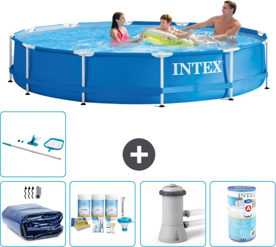 Intex Metal Frame Intex Rond Frame Zwembad 366 x 76 cm Blauw Inclusief Solarzeil Onderhoudspakket Zwembadfilterpomp Filter Schoonmaakset