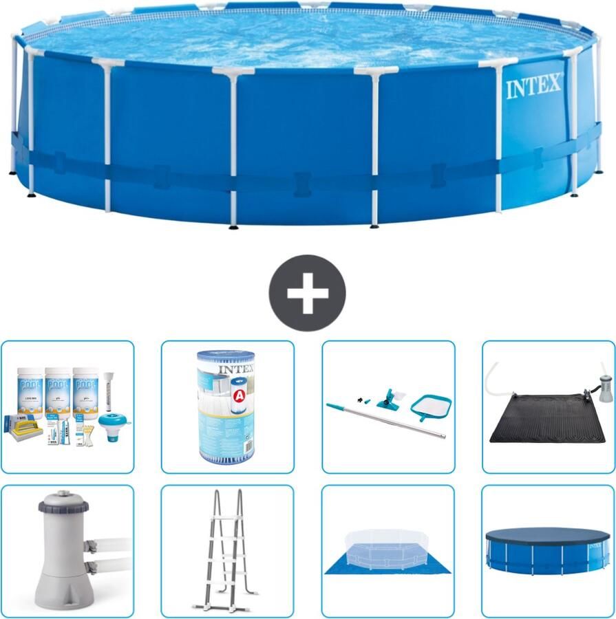 Intex Metal Frame Intex Rond Frame Zwembad 457 x 122 cm Blauw Inclusief Pomp Ladder Grondzeil Afdekzeil Onderhoudspakket Filter Schoonmaakset Solar Mat