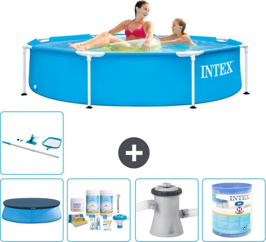 Intex Metal Frame Intex Rond Frame Zwembad 244 x 51 cm Blauw Inclusief Afdekzeil Onderhoudspakket Zwembadfilterpomp Filter Schoonmaakset