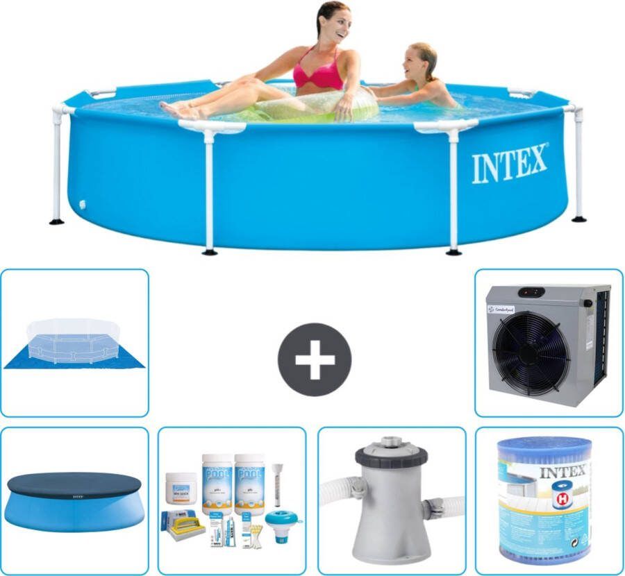 Intex Metal Frame Intex Rond Frame Zwembad 244 x 51 cm Blauw Inclusief Afdekzeil Onderhoudspakket Zwembadfilterpomp Filter Grondzeil Warmtepomp
