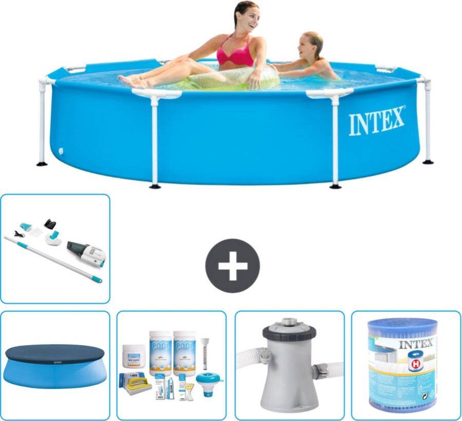 Intex Metal Frame Intex Rond Frame Zwembad 244 x 51 cm Blauw Inclusief Afdekzeil Onderhoudspakket Zwembadfilterpomp Filter Stofzuiger