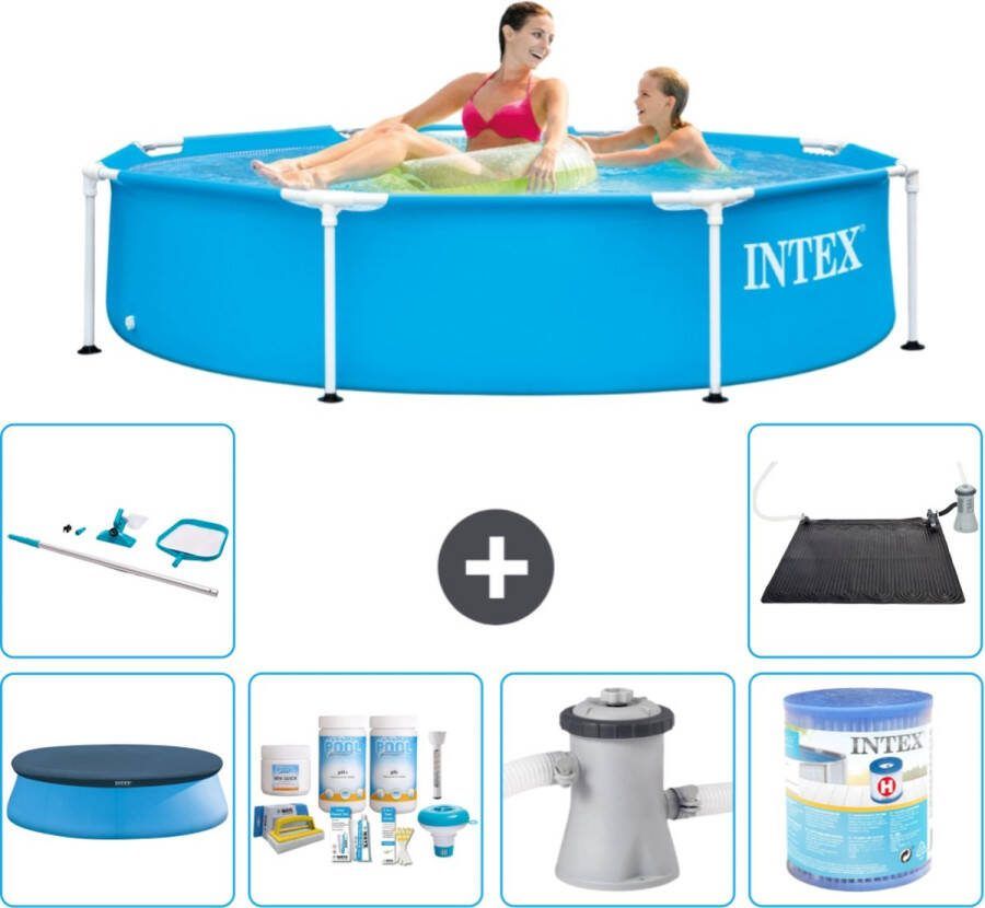 Intex Metal Frame Intex Rond Frame Zwembad 244 x 51 cm Blauw Inclusief Afdekzeil Onderhoudspakket Zwembadfilterpomp Filter Schoonmaakset Solar Mat