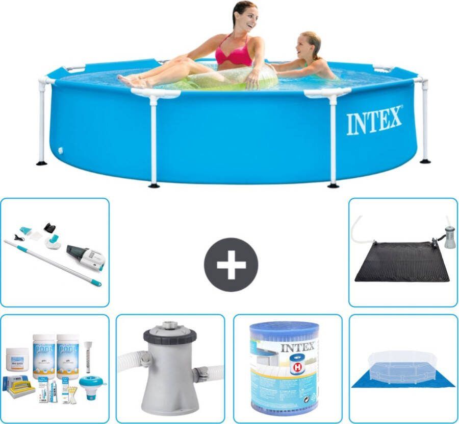 Intex Metal Frame Intex Rond Frame Zwembad 244 x 51 cm Blauw Inclusief Onderhoudspakket Zwembadfilterpomp Filter Grondzeil Stofzuiger Solar Mat