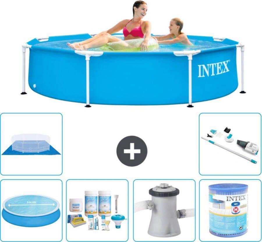 Intex Metal Frame Intex Rond Frame Zwembad 244 x 51 cm Blauw Inclusief Solarzeil Onderhoudspakket Zwembadfilterpomp Filter Grondzeil Stofzuiger