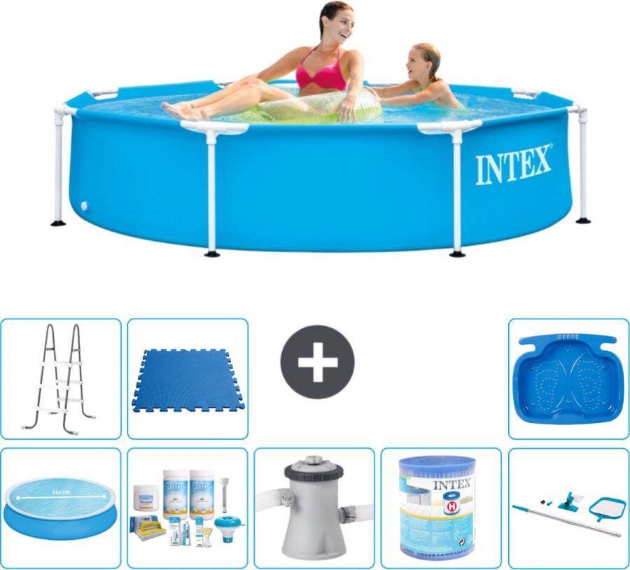Intex Metal Frame Intex Rond Frame Zwembad 244 x 51 cm Blauw Inclusief Solarzeil Onderhoudspakket Zwembadfilterpomp Filter Schoonmaakset Ladder Voetenbad Vloertegels