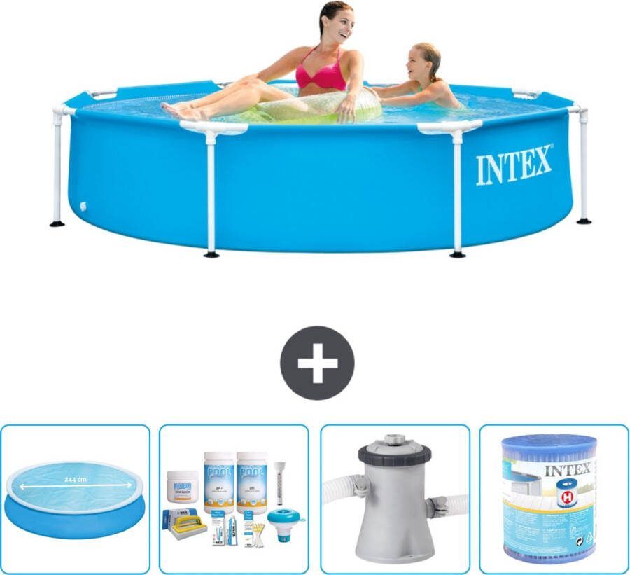 Intex Metal Frame Intex Rond Frame Zwembad 244 x 51 cm Blauw Inclusief Solarzeil Onderhoudspakket Zwembadfilterpomp Filter