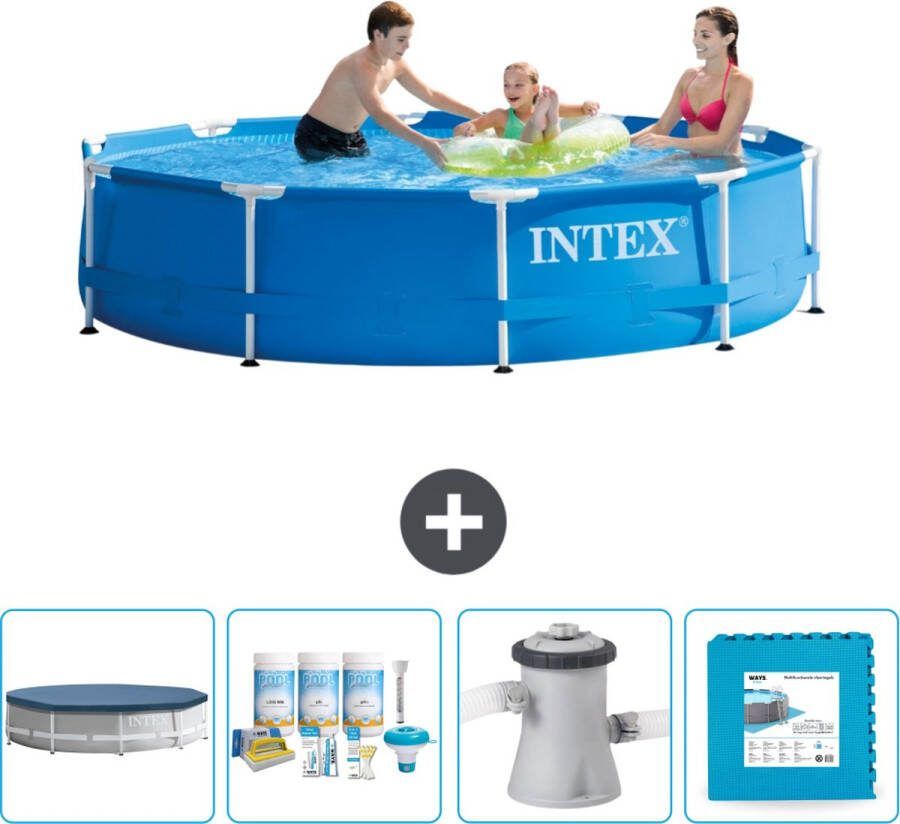 Intex Metal Frame Intex Rond Frame Zwembad 305 x 76 cm Blauw Inclusief Afdekzeil Onderhoudspakket Zwembadfilterpomp Vloertegels