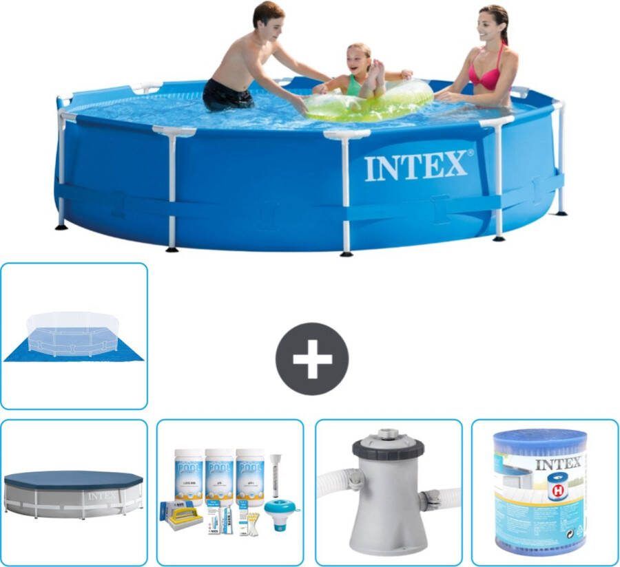 Intex Metal Frame Intex Rond Frame Zwembad 305 x 76 cm Blauw Inclusief Afdekzeil Onderhoudspakket Zwembadfilterpomp Filter Grondzeil