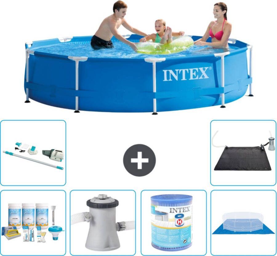 Intex Metal Frame Intex Rond Frame Zwembad 305 x 76 cm Blauw Inclusief Onderhoudspakket Zwembadfilterpomp Filter Grondzeil Stofzuiger Solar Mat