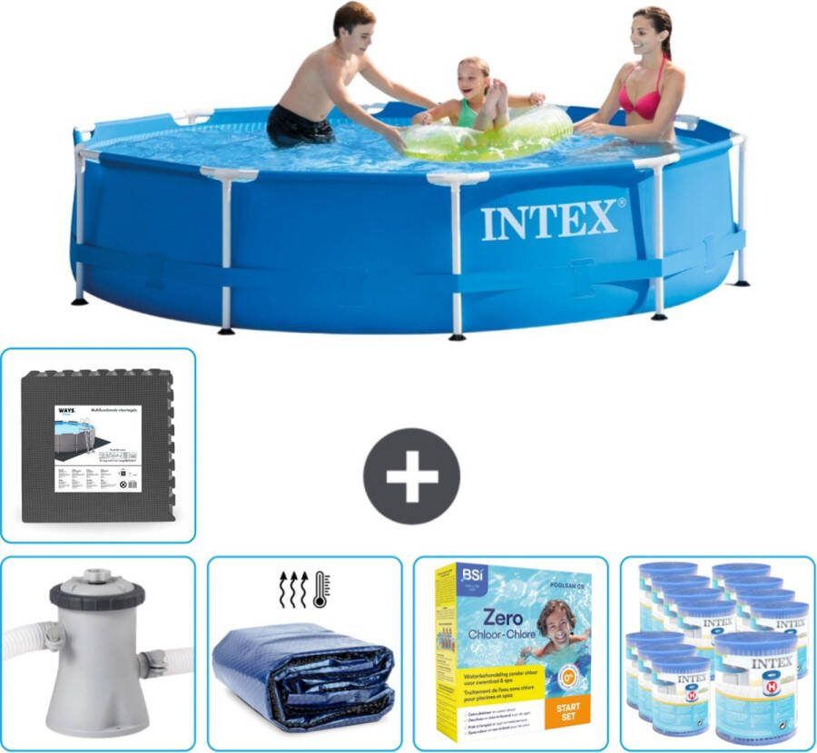 Intex Metal Frame Intex Rond Frame Zwembad 305 x 76 cm Blauw Inclusief Pomp Solarzeil Onderhoudspakket Filters Vloertegels
