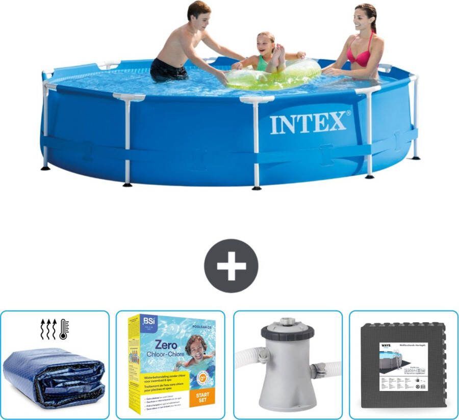 Intex Metal Frame Intex Rond Frame Zwembad 305 x 76 cm Blauw Inclusief Solarzeil Onderhoudspakket Zwembadfilterpomp Vloertegels