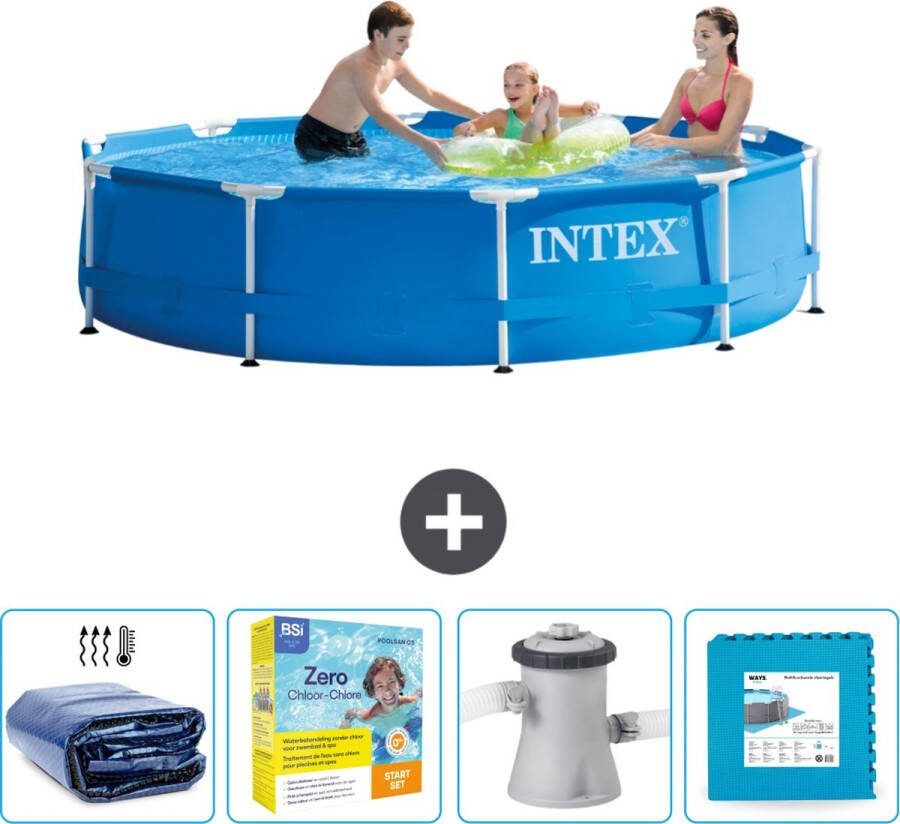 Intex Metal Frame Intex Rond Frame Zwembad 305 x 76 cm Blauw Inclusief Solarzeil Onderhoudspakket Zwembadfilterpomp Vloertegels