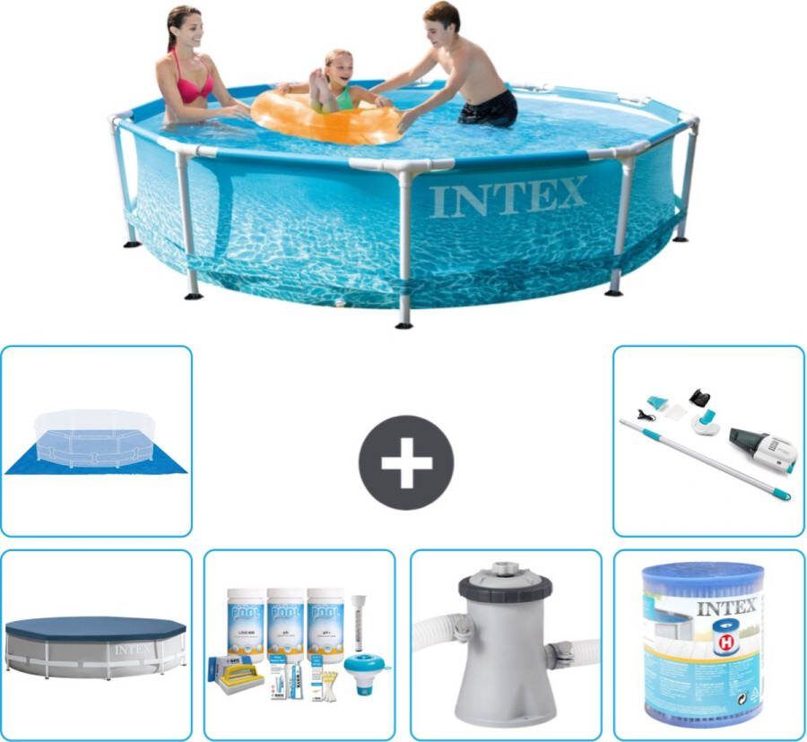 Intex Metal Frame Intex Rond Frame Zwembad 305 x 76 cm Waterprint Inclusief Afdekzeil Onderhoudspakket Zwembadfilterpomp Filter Grondzeil Stofzuiger
