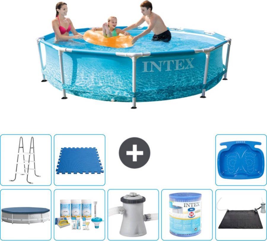 Intex Metal Frame Intex Rond Frame Zwembad 305 x 76 cm Waterprint Inclusief Afdekzeil Onderhoudspakket Zwembadfilterpomp Filter Solar Mat Ladder Voetenbad Vloertegels