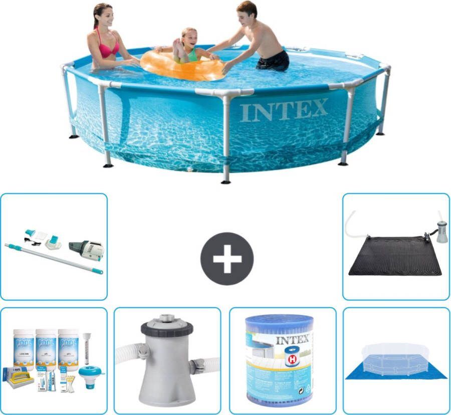 Intex Metal Frame Intex Rond Frame Zwembad 305 x 76 cm Waterprint Inclusief Onderhoudspakket Zwembadfilterpomp Filter Grondzeil Stofzuiger Solar Mat