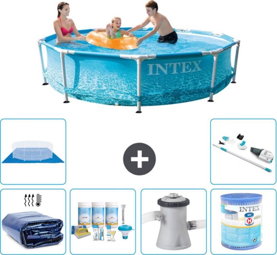 Intex Metal Frame Intex Rond Frame Zwembad 305 x 76 cm Waterprint Inclusief Solarzeil Onderhoudspakket Zwembadfilterpomp Filter Grondzeil Stofzuiger