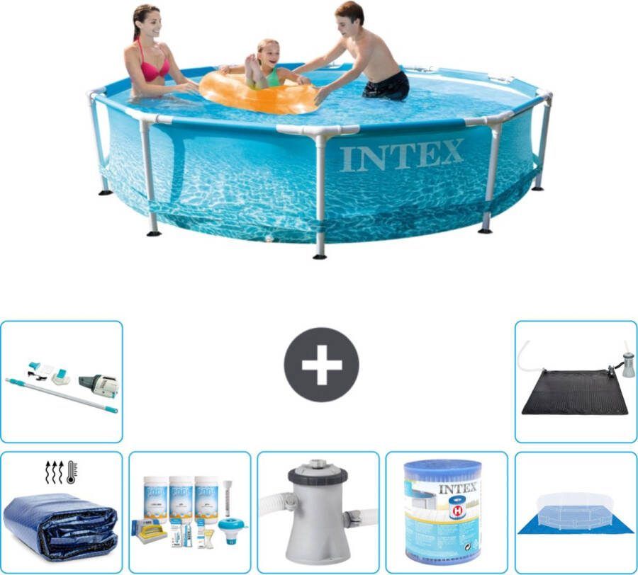 Intex Metal Frame Intex Rond Frame Zwembad 305 x 76 cm Waterprint Inclusief Solarzeil Onderhoudspakket Zwembadfilterpomp Filter Grondzeil Stofzuiger Solar Mat