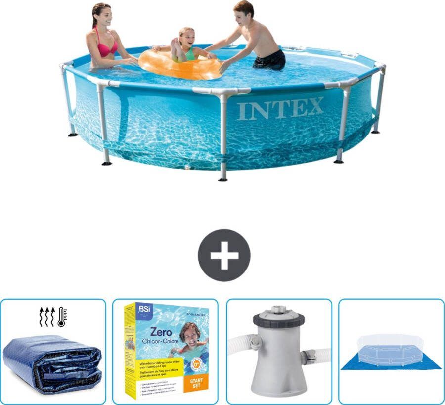 Intex Metal Frame Intex Rond Frame Zwembad 305 x 76 cm Waterprint Inclusief Solarzeil Onderhoudspakket Zwembadfilterpomp Grondzeil