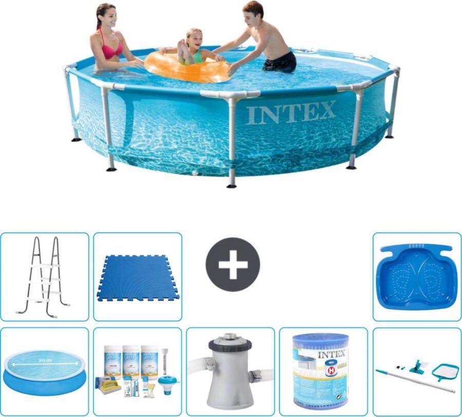 Intex Metal Frame Intex Rond Frame Zwembad 305 x 76 cm Waterprint Inclusief Solarzeil Onderhoudspakket Zwembadfilterpomp Filter Schoonmaakset Ladder Voetenbad Vloertegels