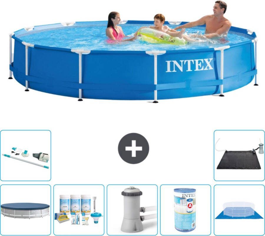 Intex Metal Frame Intex Rond Frame Zwembad 366 x 76 cm Blauw Inclusief Afdekzeil Onderhoudspakket Zwembadfilterpomp Filter Grondzeil Stofzuiger Solar Mat