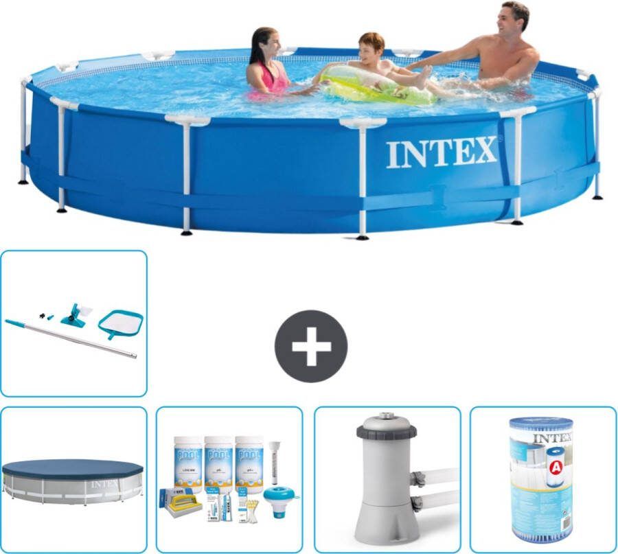 Intex Metal Frame Intex Rond Frame Zwembad 366 x 76 cm Blauw Inclusief Afdekzeil Onderhoudspakket Zwembadfilterpomp Filter Schoonmaakset