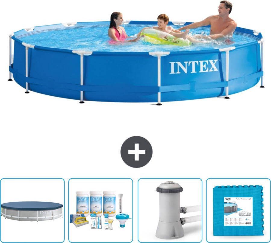 Intex Metal Frame Intex Rond Frame Zwembad 366 x 76 cm Blauw Inclusief Afdekzeil Onderhoudspakket Zwembadfilterpomp Vloertegels