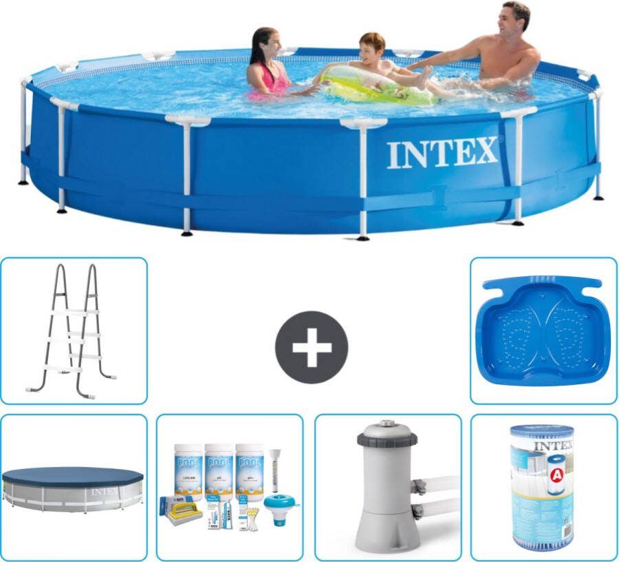 Intex Metal Frame Intex Rond Frame Zwembad 366 x 76 cm Blauw Inclusief Afdekzeil Onderhoudspakket Zwembadfilterpomp Filter Ladder Voetenbad
