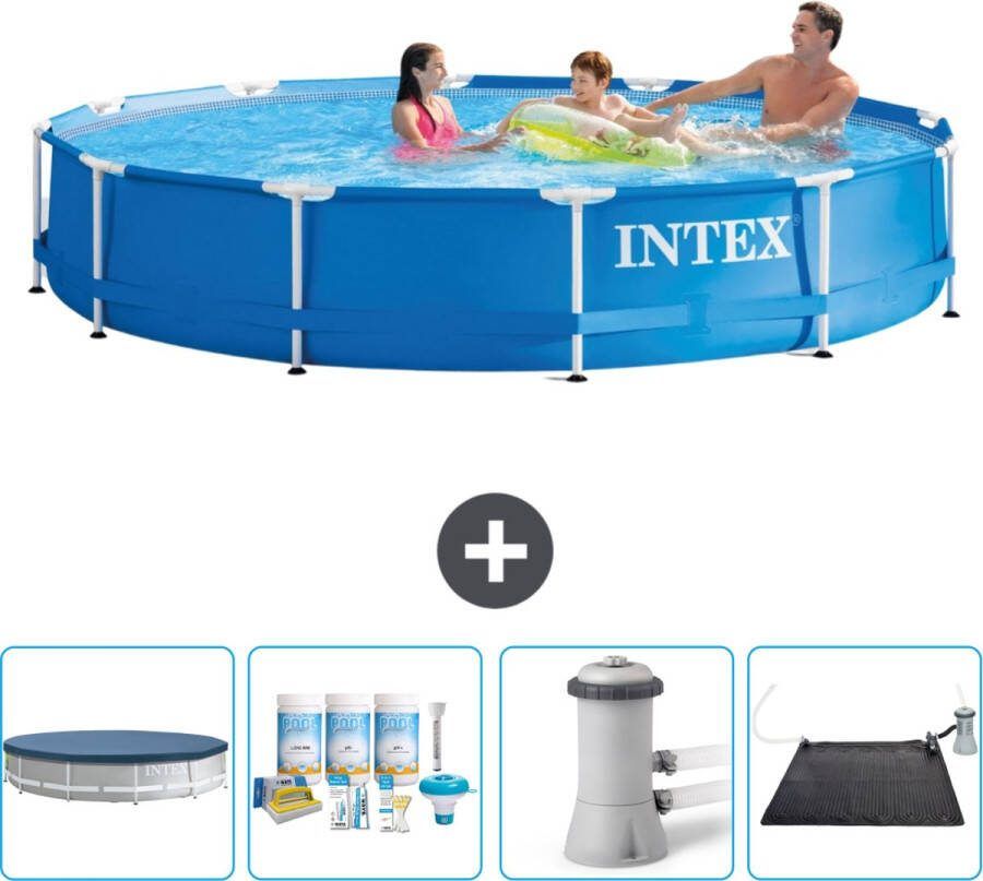 Intex Metal Frame Intex Rond Frame Zwembad 366 x 76 cm Blauw Inclusief Afdekzeil Onderhoudspakket Zwembadfilterpomp Solar Mat