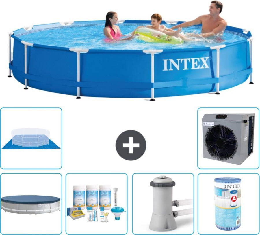 Intex Metal Frame Intex Rond Frame Zwembad 366 x 76 cm Blauw Inclusief Afdekzeil Onderhoudspakket Zwembadfilterpomp Filter Grondzeil Warmtepomp