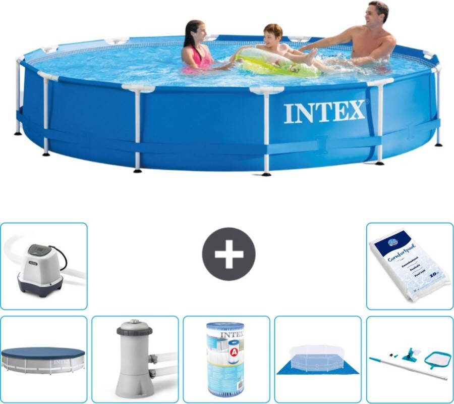 Intex Metal Frame Intex Rond Frame Zwembad 366 x 76 cm Blauw Inclusief Afdekzeil Zwembadfilterpomp Filter Grondzeil Schoonmaakset Zoutwatersysteem Zwembadzout
