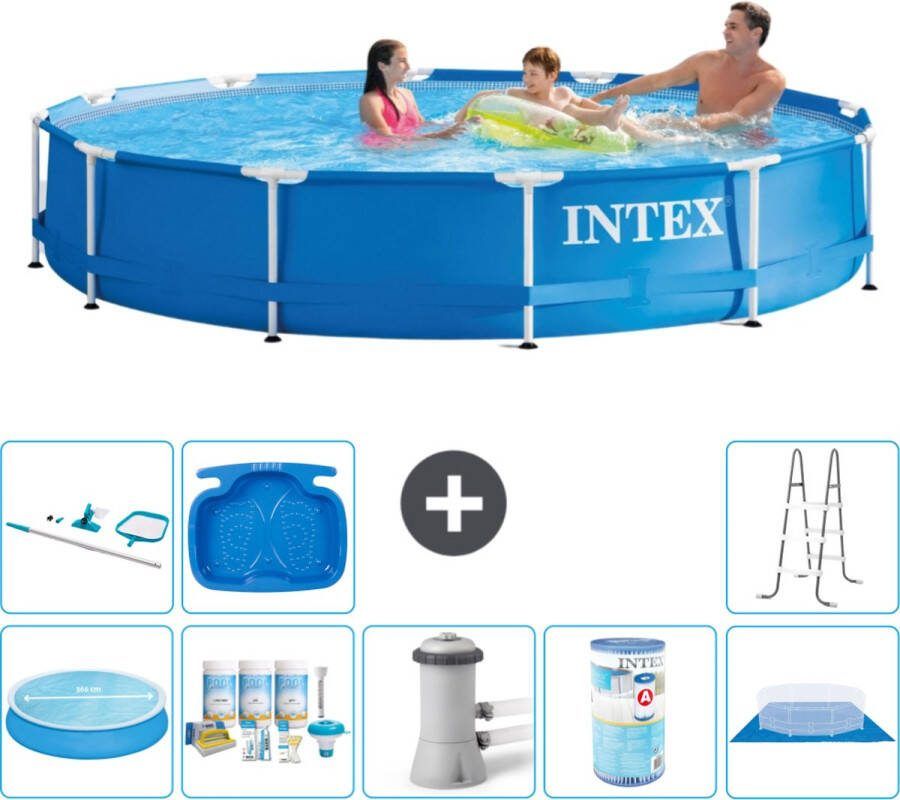 Intex Metal Frame Intex Rond Frame Zwembad 366 x 76 cm Blauw Inclusief Solarzeil Onderhoudspakket Zwembadfilterpomp Filter Grondzeil Schoonmaakset Ladder Voetenbad
