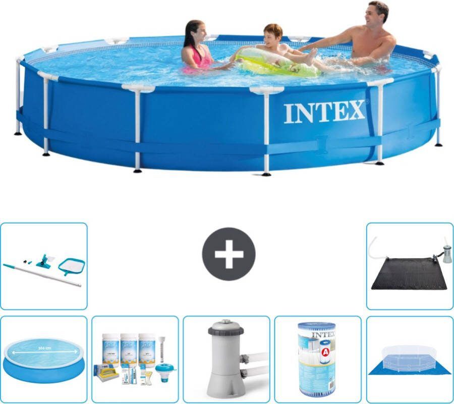 Intex Metal Frame Intex Rond Frame Zwembad 366 x 76 cm Blauw Inclusief Solarzeil Onderhoudspakket Zwembadfilterpomp Filter Grondzeil Schoonmaakset Solar Mat