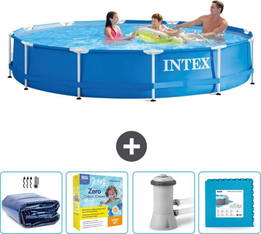 Intex Metal Frame Intex Rond Frame Zwembad 366 x 76 cm Blauw Inclusief Solarzeil Onderhoudspakket Zwembadfilterpomp Vloertegels