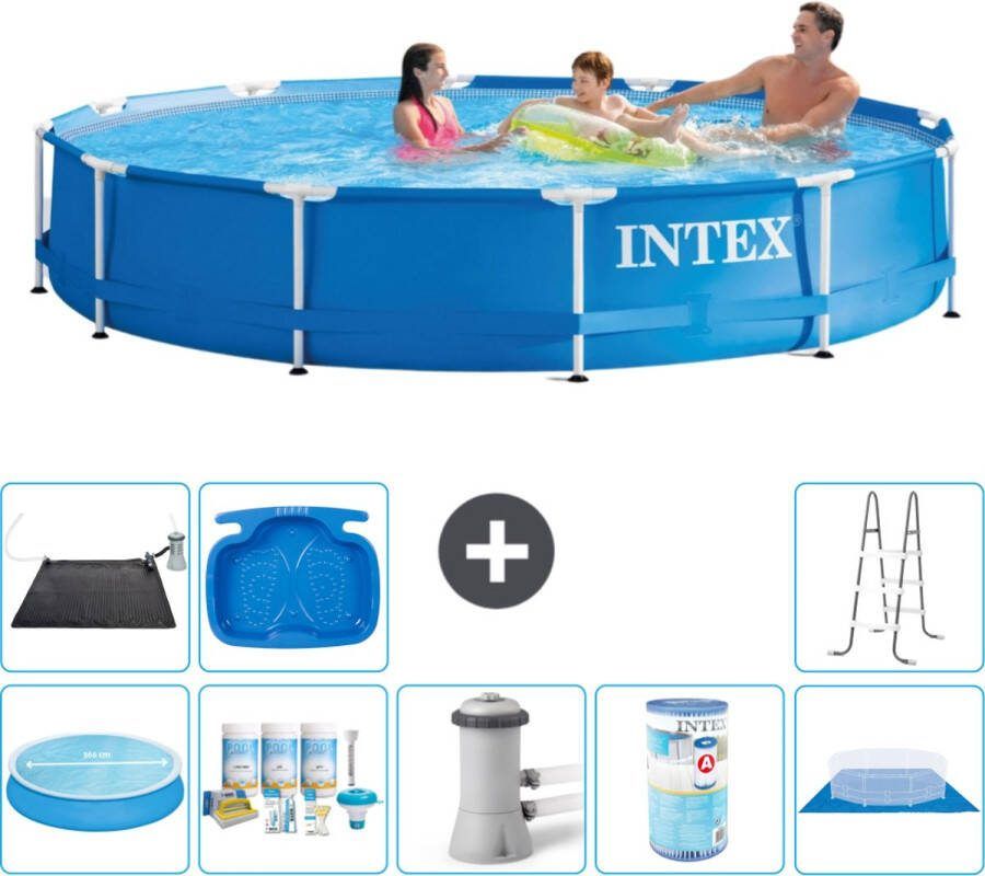 Intex Metal Frame Intex Rond Frame Zwembad 366 x 76 cm Blauw Inclusief Solarzeil Onderhoudspakket Zwembadfilterpomp Filter Grondzeil Solar Mat Ladder Voetenbad
