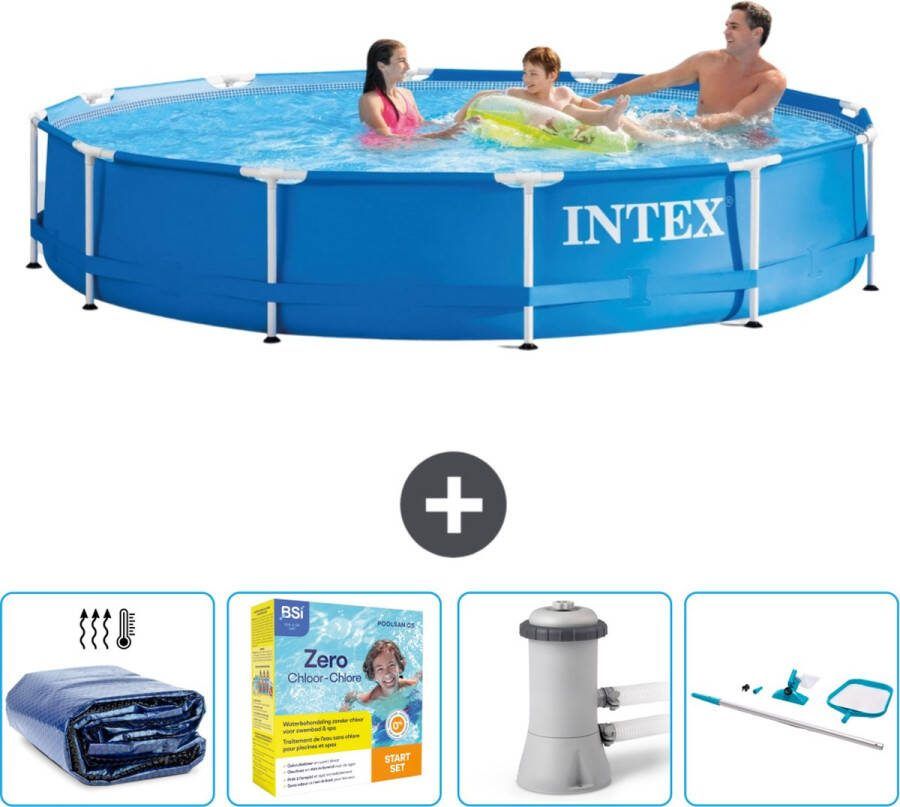 Intex Metal Frame Intex Rond Frame Zwembad 366 x 76 cm Blauw Inclusief Solarzeil Onderhoudspakket Zwembadfilterpomp Schoonmaakset
