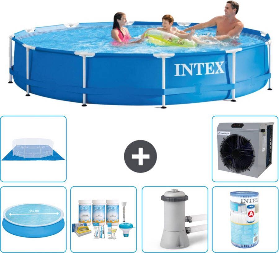 Intex Metal Frame Intex Rond Frame Zwembad 366 x 76 cm Blauw Inclusief Solarzeil Onderhoudspakket Zwembadfilterpomp Filter Grondzeil Warmtepomp