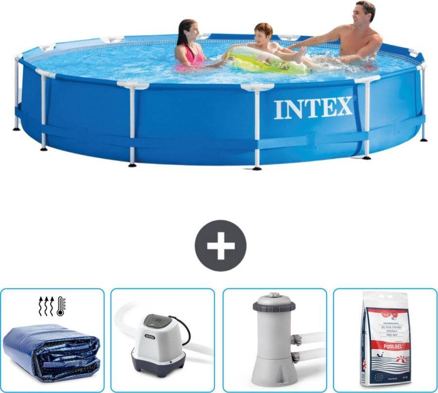 Intex Metal Frame Intex Rond Frame Zwembad 366 x 76 cm Blauw Inclusief Solarzeil Zoutwatersysteem Zwembadfilterpomp Zwembadzout