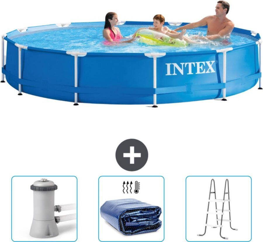 Intex Metal Frame Intex Rond Frame Zwembad 366 x 76 cm Blauw Inclusief Zwembadfilterpomp Solarzeil Ladder