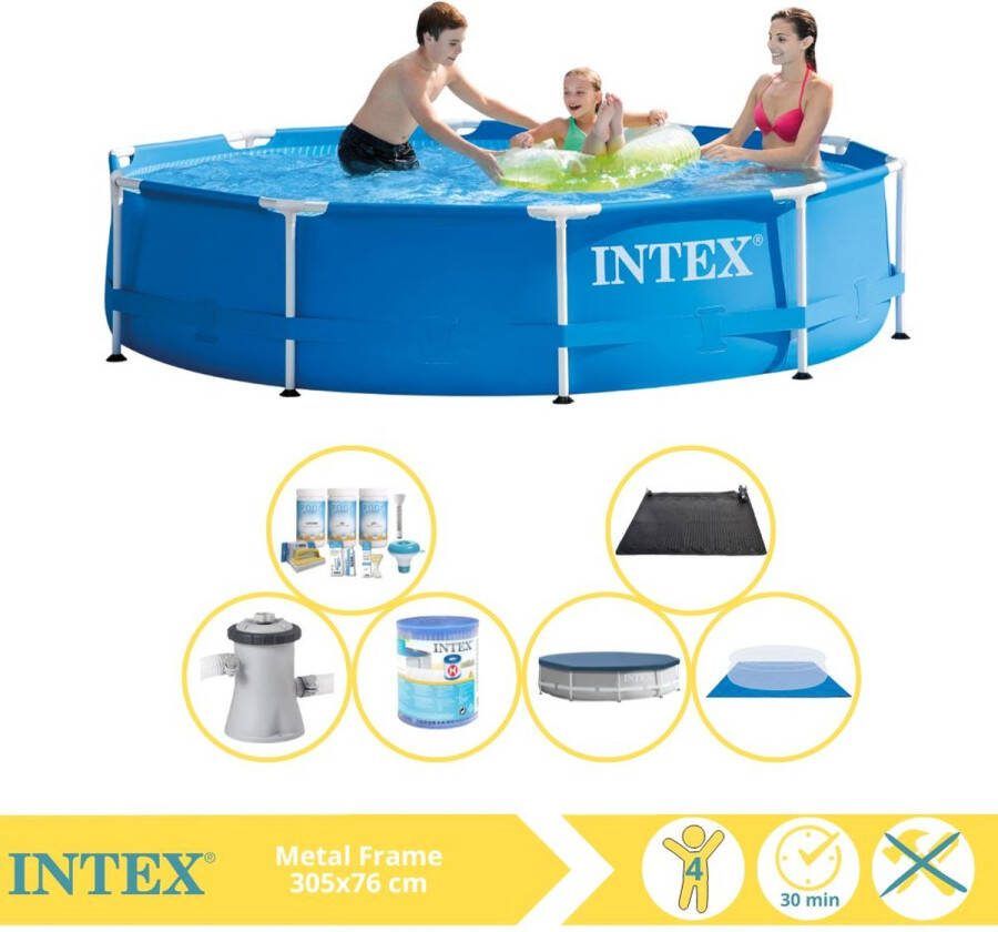 Intex Metal Frame Zwembad Opzetzwembad 305x76 cm Inclusief Afdekzeil Onderhoudspakket Filter Grondzeil en Solar Mat